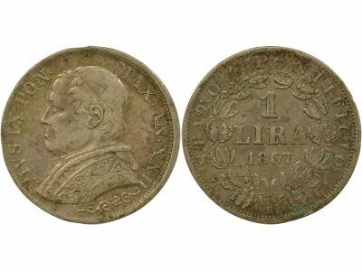 Vatican City State Pius IX - 1 Silver Lira - 1867 Year XXII R Rome