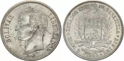 Venezuela 1 Bolivar, Simon Bolivar - Arms - Gram 5 - 1945