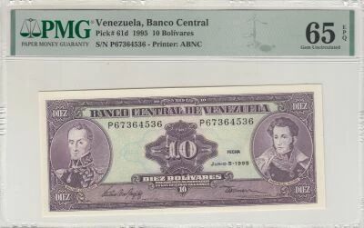 Venezuela 10 Bolivars - Simon Bolivar - Antonio Jose de Sucre - 1995 - Series P - PMG 65 EPQ