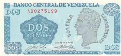 Venezuela 2 Bolivares - Simon Bolivar - Arms - 1989 - Serial AB