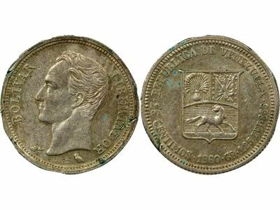 Venezuela Simon Bolivar - 25 Silver Centimos - 1960 Paris