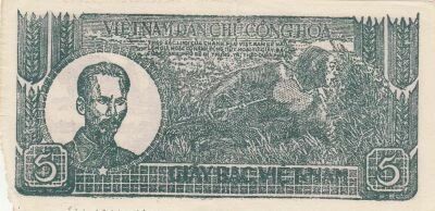 Viet Nam 5 Dong - Ho Chi Minh - Two men and water buffaloes - 1948