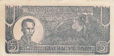 Vietnam 5 Dong - Ho Chi Minh - Two men and water buffaloes - 1948 - RJ Series