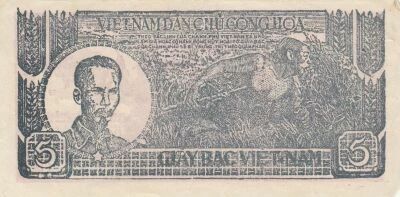 Vietnam 5 Dong - Ho Chi Minh - Two men and water buffaloes - 1948 - RJ Series