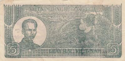 Vietnam 5 Dong - Ho Chi Minh - Two men and water buffaloes - 1948