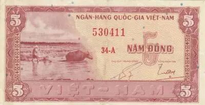 Vietnam del Sur 5 Dong - Rice farming - Hut - 1955 - Series 34-A
