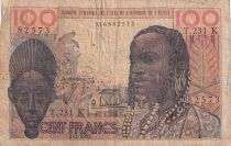 West AFrican States 100 Francs - Mask - 02-03-1965 - Serial T.231 - Letter K (Ivory Coast) - P.701Ke