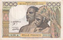 West AFrican States 1000 Francs - Man, woman - ND (1978-79) - Letter A (Ivory Coast) - Serial S.191 - P.103Am