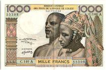West AFrican States 1000 Francs river 1974 - Ivory Coast - Serial A.140 A - P.103 Ak - XF to AU