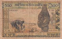 West AFrican States 500 Franc- Mask - ND (1959-1961) - Letter T (Togo) - Serial V.36 - P.802Ti