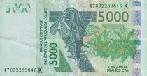 West AFrican States 5000 Francs - Masque - Kobus kob - 2017 - Letter K ( Senegal ) - P.717kQ