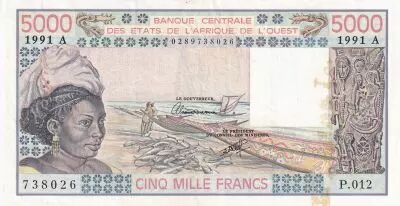 West AFrican States 5000 Francs - Woman, fish, boat- 1991 - Lettre A ( C�te d\'Ivoire) - Serial P.012 -P.108Ar