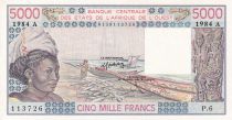 West AFrican States 5000 Francs 1985 - Woman, fish, boat - Serial P.6 - P.UNC - P.108Ap