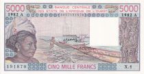 West AFrican States 5000 Francs 1985 - Woman, fish, boat - Serial W.4 - XF+ - P.108Ai