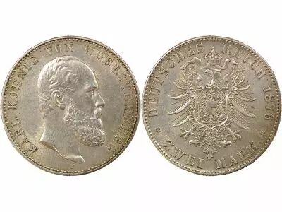 Wurttemberg Charles I - 2 Silver Mark - 1876 F Stuttgart