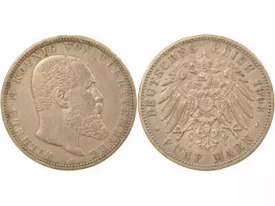 Wurttemberg Wilhlem II - 5 Silver Mark - 1903 F Stuttgart