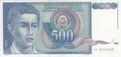 Yougoslavie 500 Dinara - Jeune homme - Armoiries - 1990