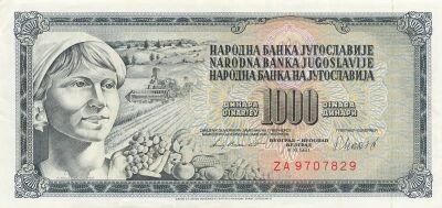 Yugoslavia 1000 Dinara - 1981 - Replacement - P.92d