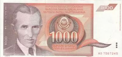 Yugoslavia 1000 Dinara - Nikola Tesla - Arms - 1990