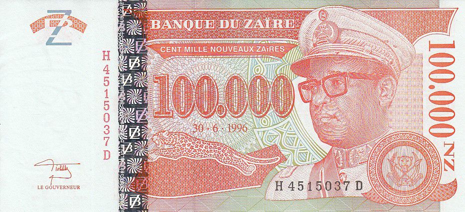 100000 UNC 100,000 Zaire 1996 P-77 Nouveaux Zaires