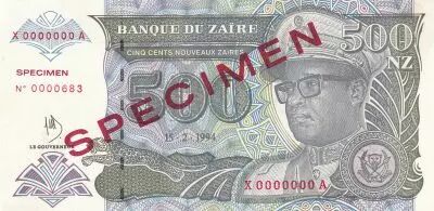 Zaire 500 Nv Zaire  - Pdt Mobutu - Sp�cimen - 1994 - P.63s