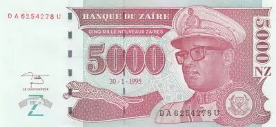 Zaire 5000 Nvx Zaires Zaires, Pdt Mobutu, leopard - Face value - 1955