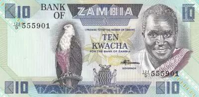 Zambie 10 Kwacha - Pres K. Kaunda - Banque - ND (1986-1988) - S�rie D.124 - P.26e