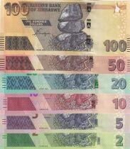 Zimbabwe Set 2, 5, 10, 20, 50, 100 Dollars - 2019-2020